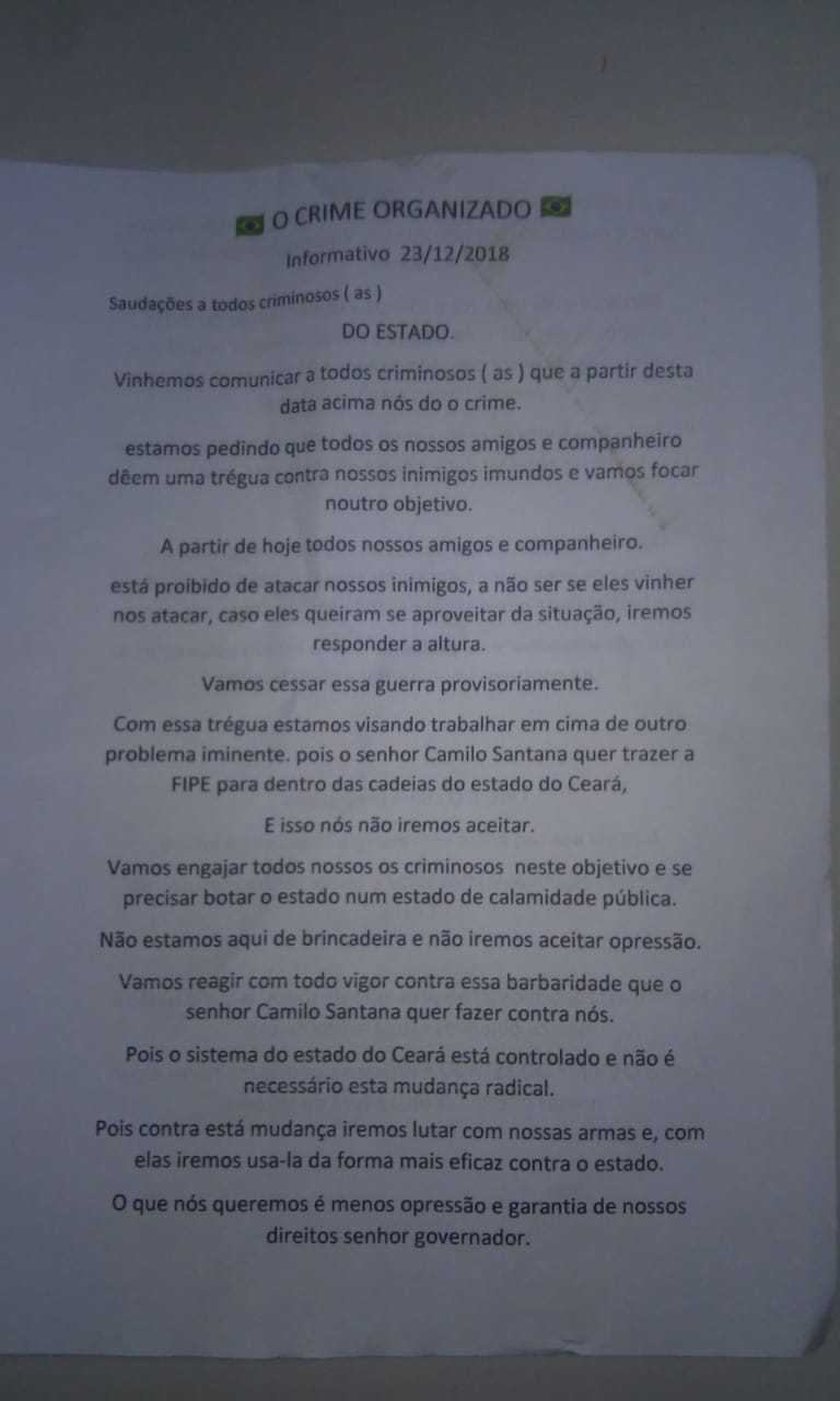 carta de ameaça das facções - fortaleza - 2019